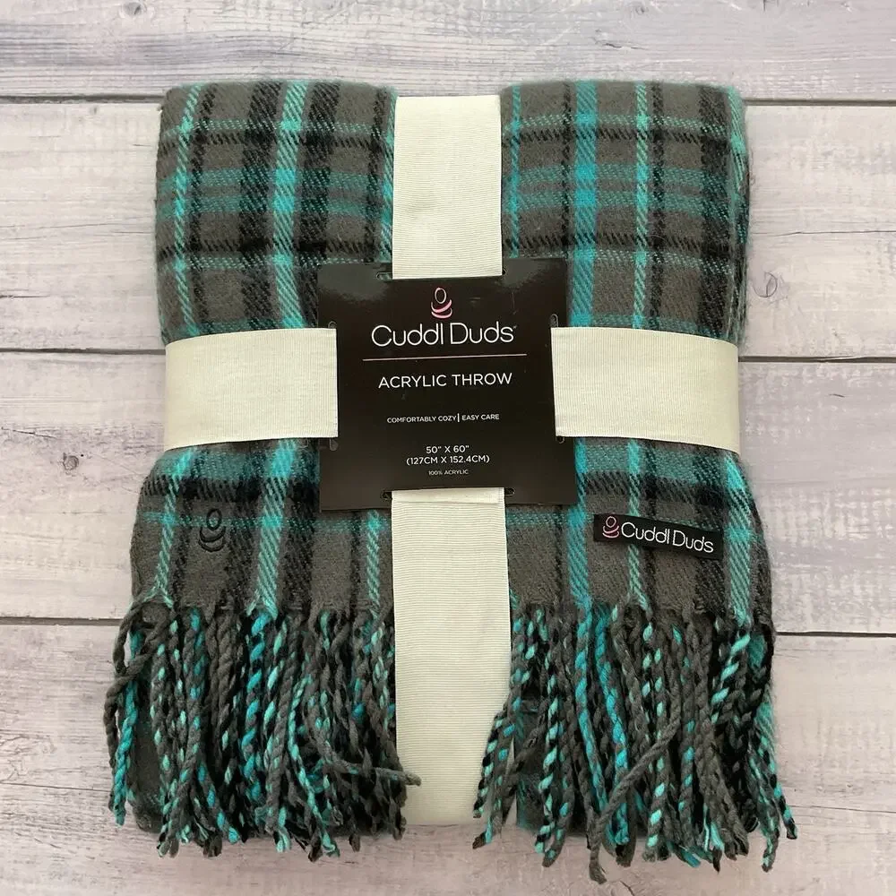 Cuddl Duds Acrylic Blanket Throw Plaid 50 X 60 Blue Gray Comfortably Cozy Fringe